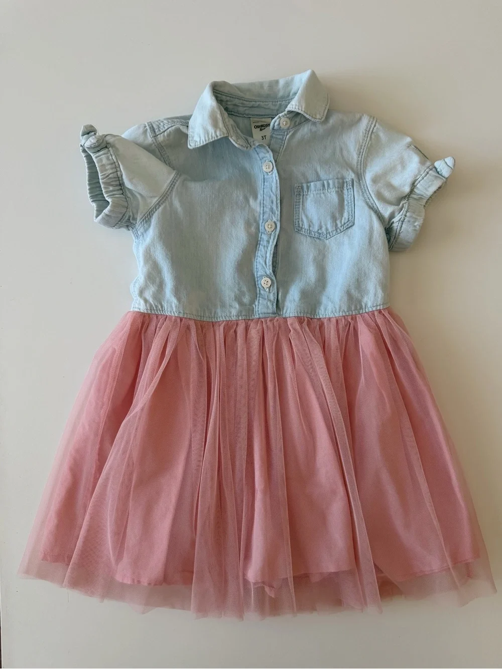 Oshkosh Girls 3T Denim and Pink Tulle Short Sleeve Dress